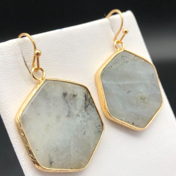 Gray Quartz Earrings Natural Hexagon Gemstone Gold Tone Bezel Drop Dangles - Picture 2 of 5